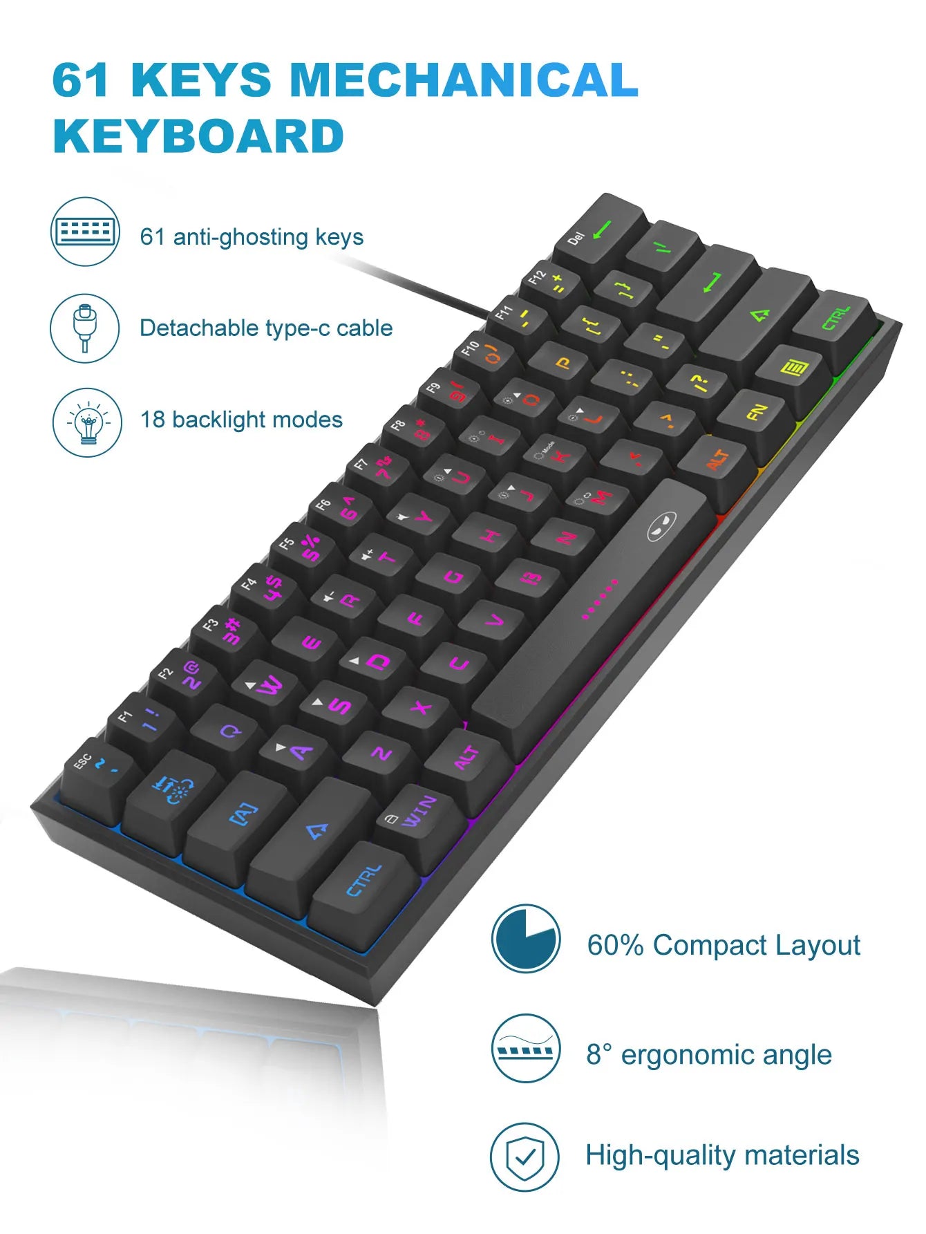 MageGee Mini 60% Clavier de Jeu, Clavier Mécanique Ultra-Compact 61 Touches Rétroéclairé RGB, Ergonomique TS91 Imperméable Sensation de Bureau