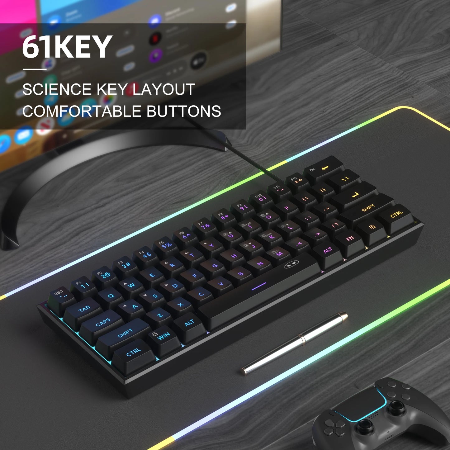 MageGee Mini 60% Clavier de Jeu, Clavier Mécanique Ultra-Compact 61 Touches Rétroéclairé RGB, Ergonomique TS91 Imperméable Sensation de Bureau