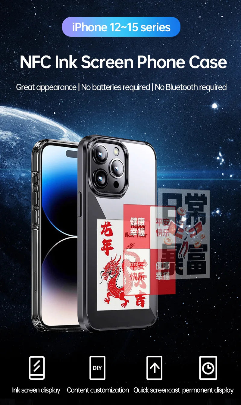 Écran d'affichage de 3,7 pouces E-lnk NFC pour étui de téléphone à projection d'écran sans fil pour iPhone 13 14 15 16